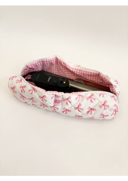 Pembe Kurdeleli Saç Maşa Düzleştirici Çantası Airwrap Airstrait Için Uyumlu Büyük Seyahat Çantası