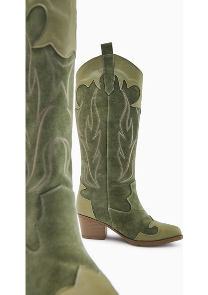 Lara Hakiki Deri Haki Süet Nakışlı Deri Detaylı Topuklu Western Çizme fırsatları
