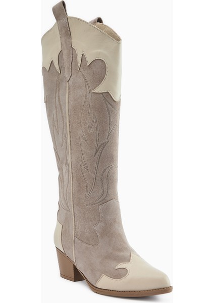 Lara Hakiki Deri Bej Süet Nakışlı Deri Detaylı Topuklu Western Çizme fiyatları