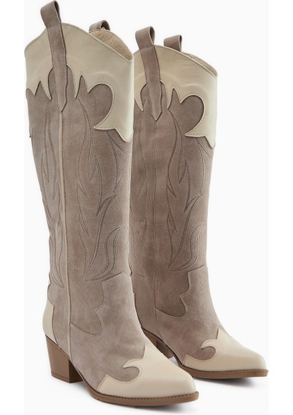 Lara Hakiki Deri Bej Süet Nakışlı Deri Detaylı Topuklu Western Çizme modelleri