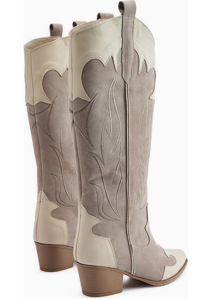 Lara Hakiki Deri Bej Süet Nakışlı Deri Detaylı Topuklu Western Çizme indirimleri