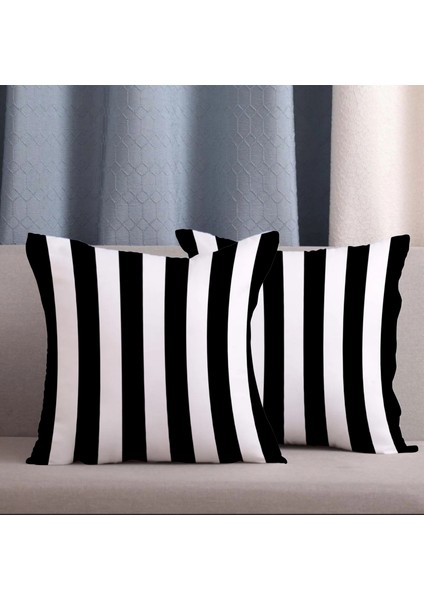 2 Li Kombin Siyah Çizgili Modern Kırlent Kılıfı