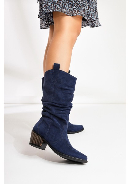 Lise-Britt Lacivert Süet Körüklü Nakışlı Western Bot