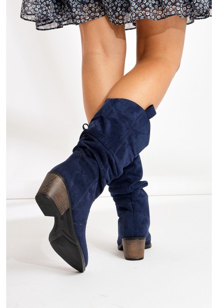 Lise-Britt Lacivert Süet Körüklü Nakışlı Western Bot modelleri