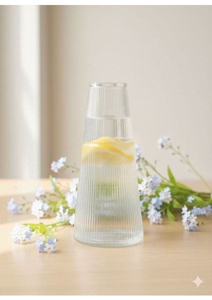 Lüks Görünüm Çizgili Cam Başucu Sürahisi ve Bardak Ikili Set