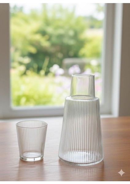 Lüks Görünüm Çizgili Cam Başucu Sürahisi ve Bardak Ikili Set fiyatları