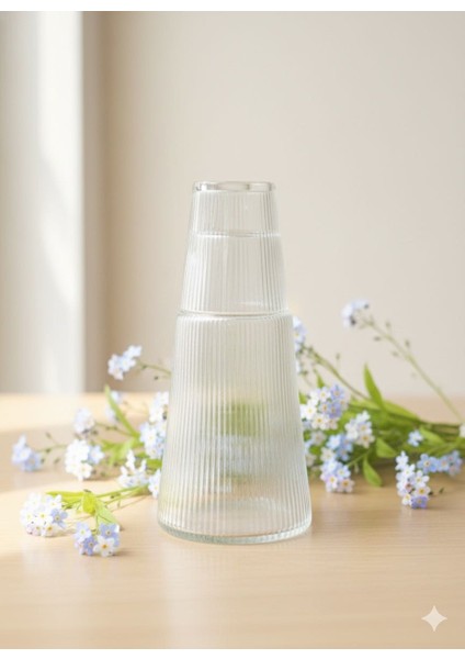 Lüks Görünüm Çizgili Cam Başucu Sürahisi ve Bardak Ikili Set modelleri