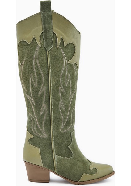 Lara Hakiki Deri Haki Süet Nakışlı Deri Detaylı Topuklu Western Çizme