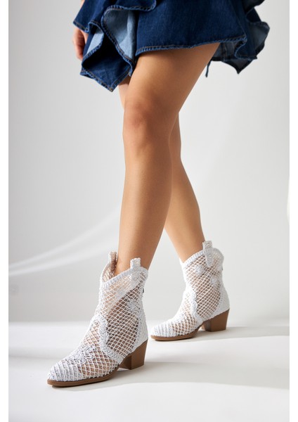 Tersa (Kısa Konç) Beyaz Örgü Dantelli Çiçek Detaylı Kovboy Yazlık bot fiyatları