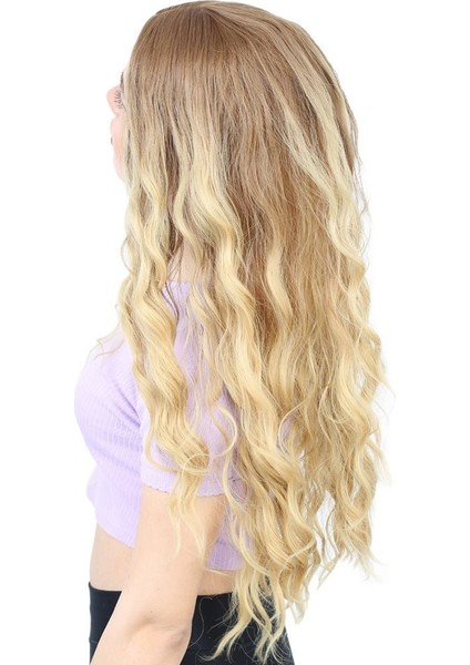 Su Dalgası Uzun Perçemsiz Fiber Sentetik Peruk / Kumral / Sarı Ombreli modelleri