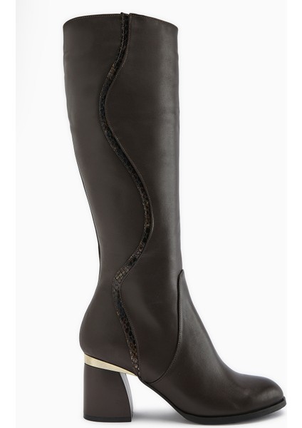 Kaylin Hakiki Deri Kahve Yılan Desenli Detaylı Kadın Topuklu Çizme