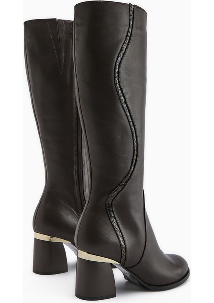 Kaylin Hakiki Deri Kahve Yılan Desenli Detaylı Kadın Topuklu Çizme indirimleri