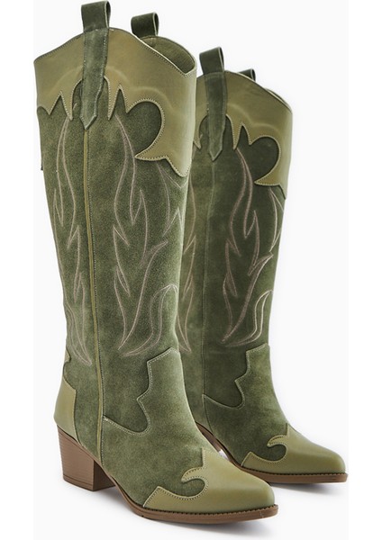 Lara Hakiki Deri Haki Süet Nakışlı Deri Detaylı Topuklu Western Çizme modelleri