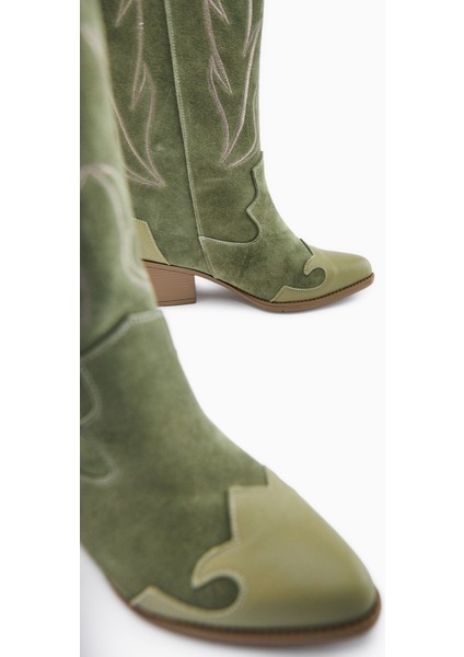 Lara Hakiki Deri Haki Süet Nakışlı Deri Detaylı Topuklu Western Çizme indirimleri