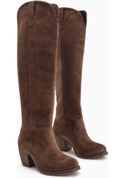 Leya Kahve Süet Topuklu Fermuarsız Çizme modelleri