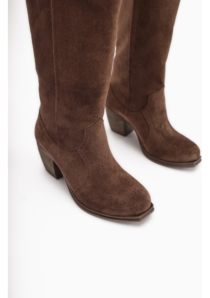 Leya Kahve Süet Topuklu Fermuarsız Çizme fırsatları