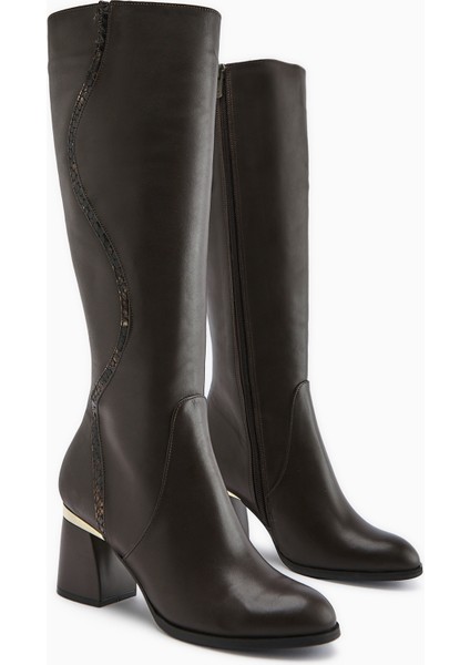 Kaylin Hakiki Deri Kahve Yılan Desenli Detaylı Kadın Topuklu Çizme modelleri