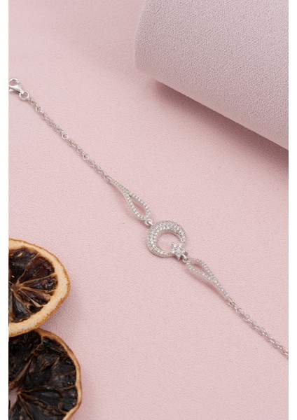 925 Ayar Gümüş Rodyumlu Zirkon Taşlı Ay Yıldız Bileklik