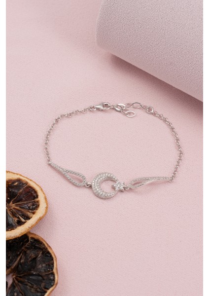 925 Ayar Gümüş Rodyumlu Zirkon Taşlı Ay Yıldız Bileklik fiyatları