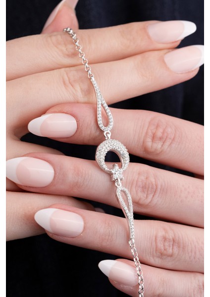 925 Ayar Gümüş Rodyumlu Zirkon Taşlı Ay Yıldız Bileklik modelleri