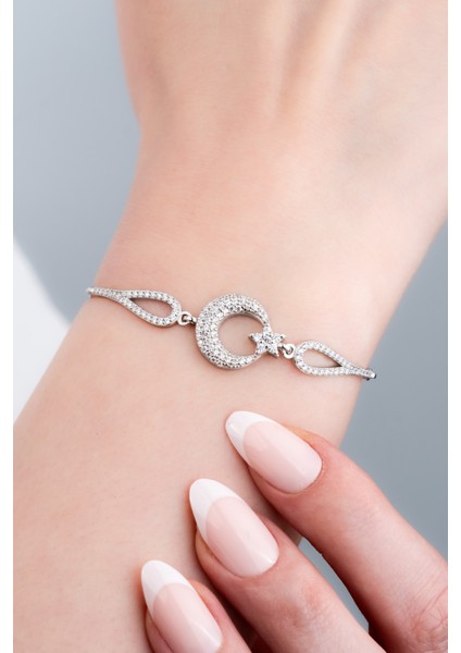 925 Ayar Gümüş Rodyumlu Zirkon Taşlı Ay Yıldız Bileklik fırsatları