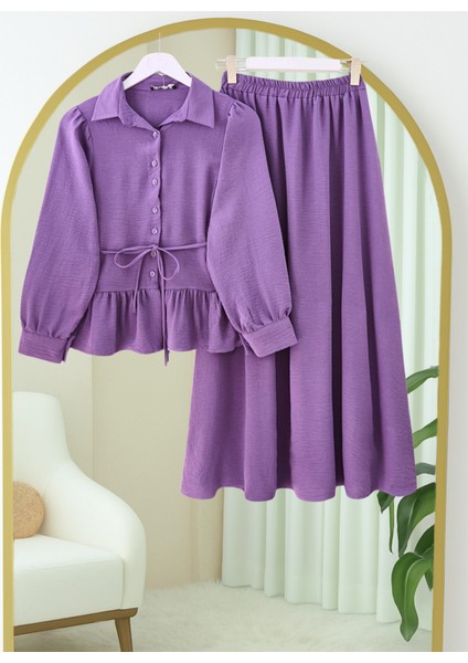 Parçalı Büzgülü Bluz Etekli Takım -Mor