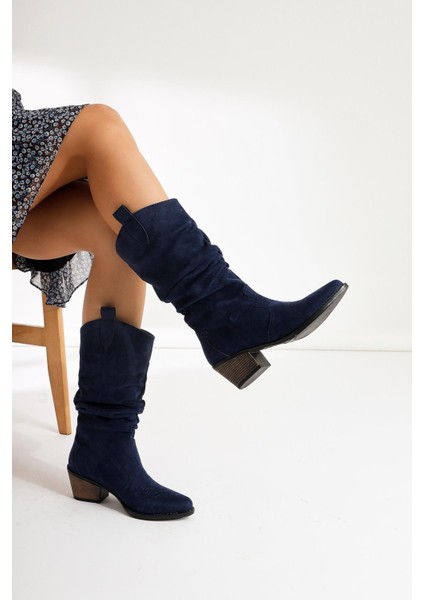 Lise-Britt Lacivert Süet Körüklü Nakışlı Western Bot fiyatları