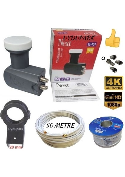 Next 4'lü Quad Lnb 50 Metre Next Hazır-Tak-Kullan Anten Kablosu+4 Adet Contalı Konnektör+Lnb Plastiği Uydupark Güvencesiyle