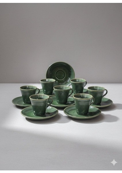 12 Parça 6 Kişilik Zümrüt Yeşili Seramik Kahve & Espresso Fincan Takımı