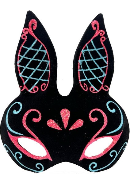 Siyah Renk Mavi Kırmızı Simli Siyah Süet Kaplama Tavşan Maskesi 18X16 cm