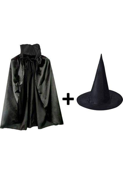 Siyah Yakalı Pelerin ve Siyah Cadı Şapkası Seti Çocuk Boy