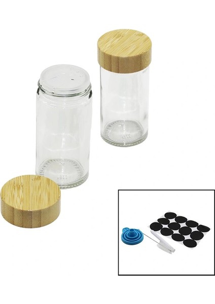 12 Pcs Takım Yuvarlak Cam Baharatlık - Tuzluk Bambu Kapaklı (5047)