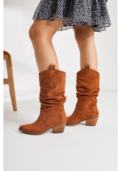 Lise-Britt Taba Süet Körüklü Nakışlı Western Bot