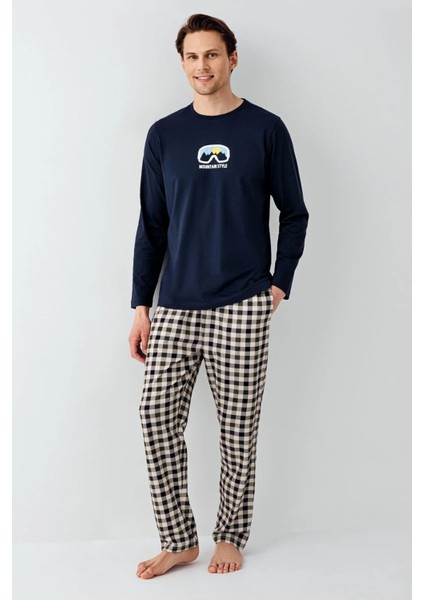 Erkek Yılbaşı Temalı %100 Pamuklu Uzun Kollu Bisiklet Yaka Pijama Takımı