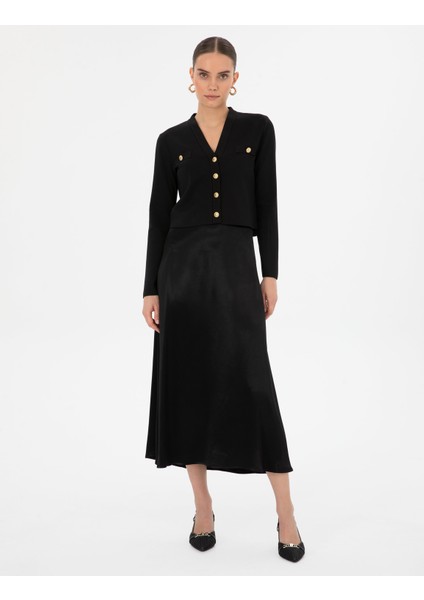 Kadın Siyah A Kesim Saten Dokuma Etek 50318241-VR046