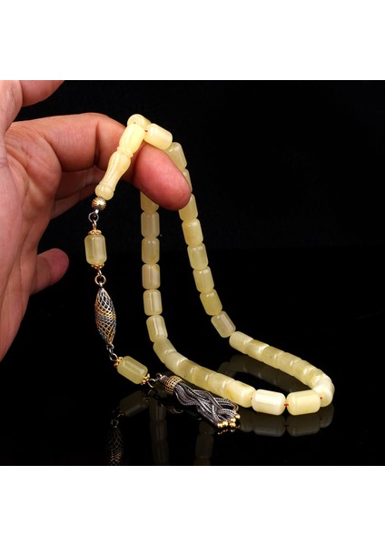 925 Ayar Çift Renk Gümüş Püsküllü Kapsül Kesim Damla Kehribar Tesbih