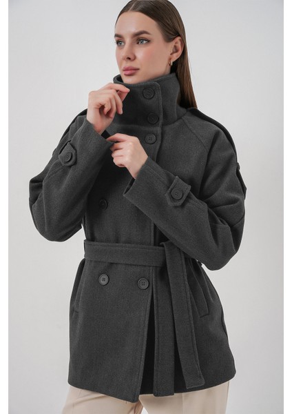 Kadın Kuşaklı Kaşe Kaban 9162 - Antrasit