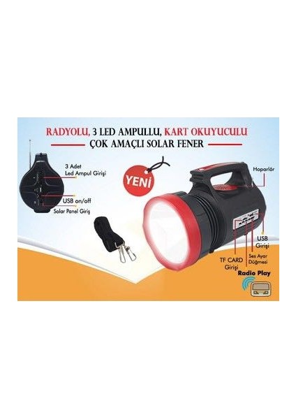 RT-906BT Solar Şarjlı Projektör El Feneri - Radyolu, Hoparlörlü ve 3 LED Ampul Çıkışlı modelleri