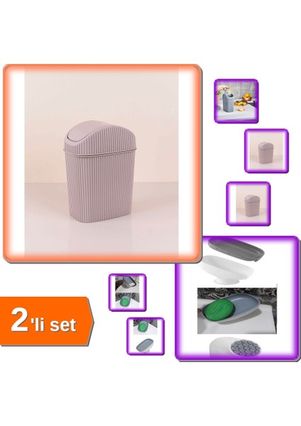 Döner Kapaklı Mini Çöp Kovası 2.5 Lt + Lotus Sabunluk Çift Kademeli - 2li Set W4R0K7