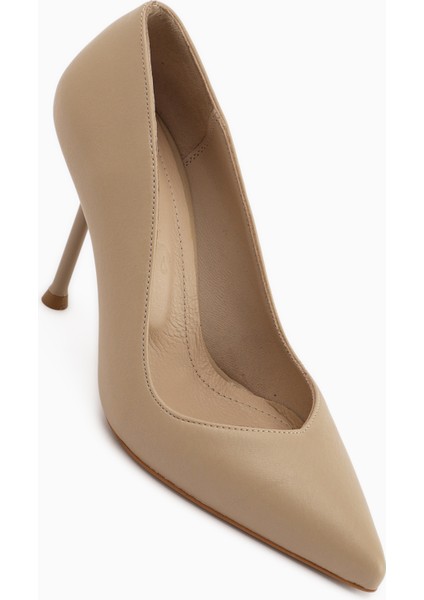 Arya Hakiki Deri Bej Stiletto Kadın Topuklu Ayakkabı