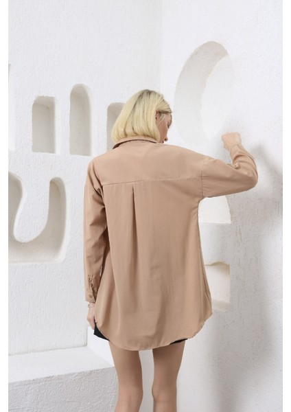 Kadın Tek Cepli Oversize Poplin Gömlek Trend Gömlek