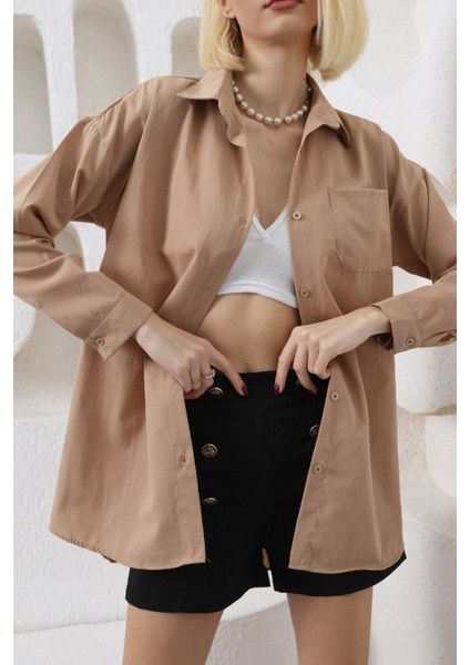 Kadın Tek Cepli Oversize Poplin Gömlek Trend Gömlek fırsatları