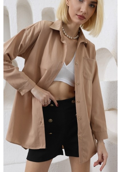 Kadın Tek Cepli Oversize Poplin Gömlek Trend Gömlek indirimleri