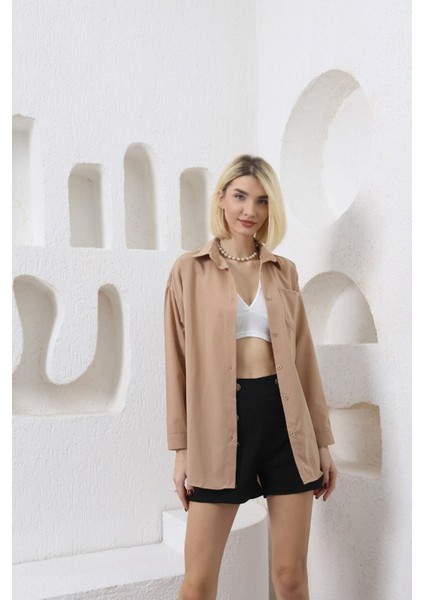 Kadın Tek Cepli Oversize Poplin Gömlek Trend Gömlek