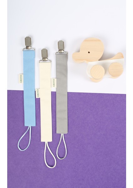 3'lü Set Emzik Askısı - Emzik Zinciri - Emzik Tutacağı - %100 Pamuk - Mavi, Ekru, Gri
