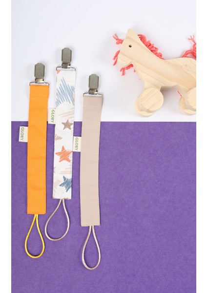 3'lü Set Emzik Askısı - Emzik Zinciri - Emzik Tutacağı - %100 Pamuk - Turuncu, Yıldız Desenli, Kahve