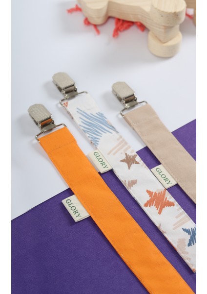 3'lü Set Emzik Askısı - Emzik Zinciri - Emzik Tutacağı - %100 Pamuk - Turuncu, Yıldız Desenli, Kahve fiyatları