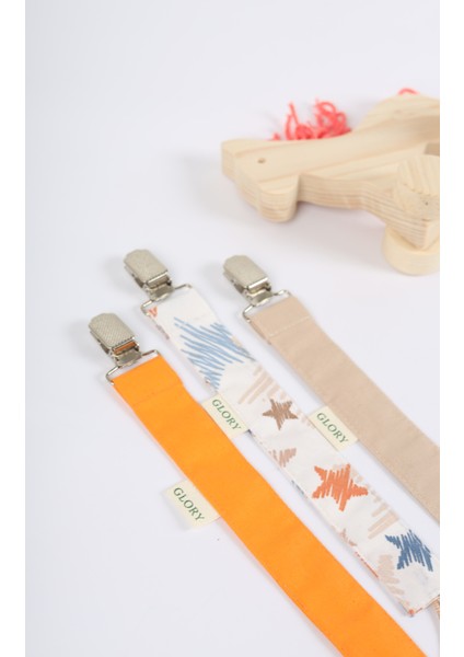 3'lü Set Emzik Askısı - Emzik Zinciri - Emzik Tutacağı - %100 Pamuk - Turuncu, Yıldız Desenli, Kahve modelleri