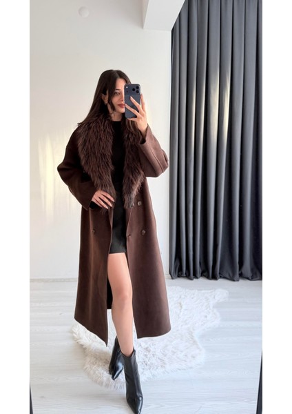 Libra Kaşmir Doku Kürklü Maxi Yumoş Hırka Kahve fırsatları