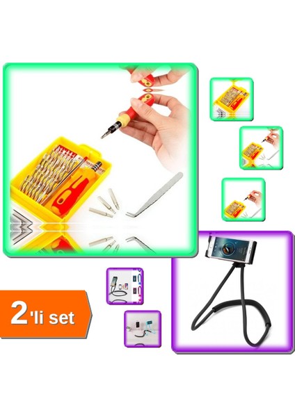 32 Parça Mini Tornavida Seti + Boyun Telefon Tutucu - Ergonomik Tasarım - 2li Set C7W8T3